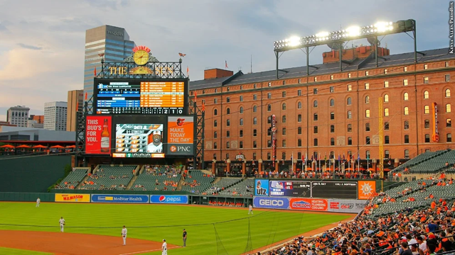 Why does Oriole Park at Camden Yards have a warehouse past the wall in